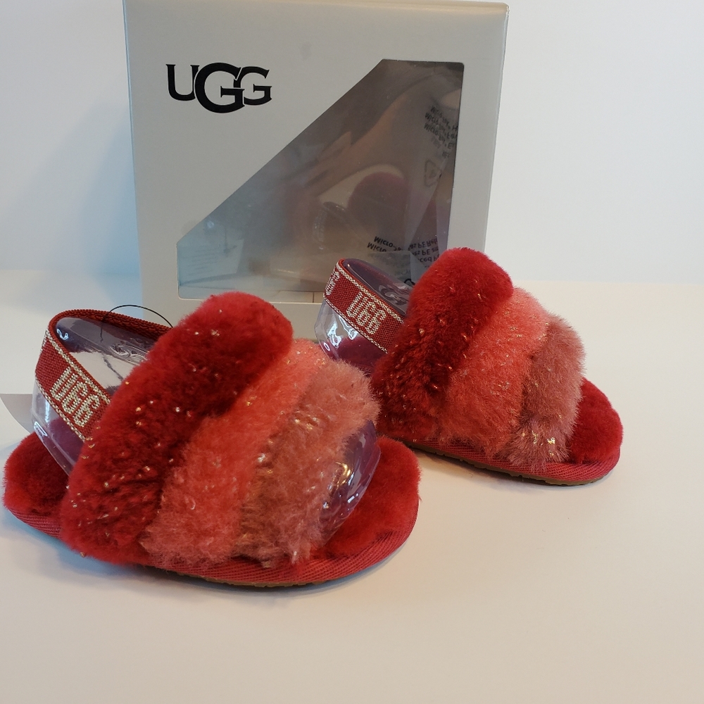 NWT UGG Baby Fluff Yeah Red Metallic Gold Sparkle Slide-in Slippers size 4/5 US